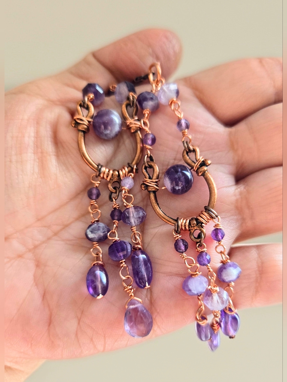 Natural Amethysts In Handcrafted Artisan Chandelier In Antique Copper Earrings - Picture 7 of 10